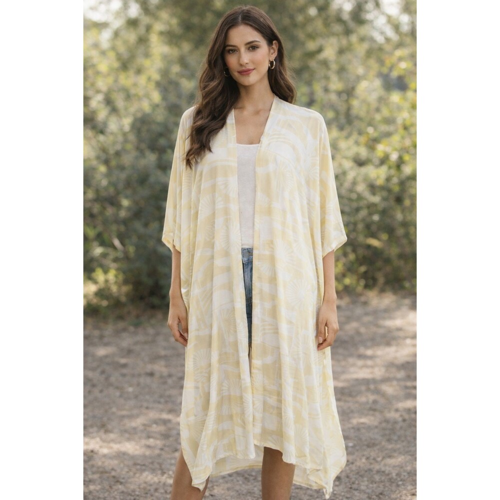 Caftan Kimono Duster Yellow White Viscose OSFM Lightweight Boho Resort Tropical